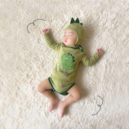 長袖ロンパース Green / 66cm ベビー 恐竜 ダイナソー 長袖 ロンパース 帽子 セット グリーン ベージュ コスチューム ボーイズ【mh0002457】