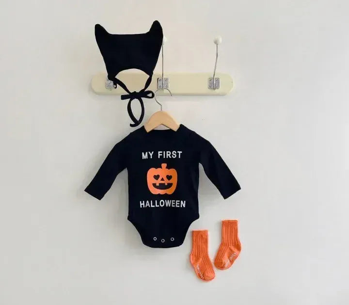 長袖ロンパース ベビーコスチューム ジャックオーランタンパンプキンかぼちゃハロウィン長袖ロンパース+耳付きニットキャップセット Halloween 👻【mh0007342】