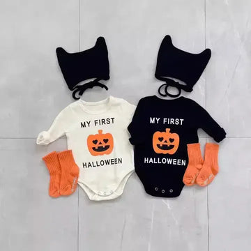 長袖ロンパース ベビーコスチューム ジャックオーランタンパンプキンかぼちゃハロウィン長袖ロンパース+耳付きニットキャップセット Halloween 👻【mh0007342】