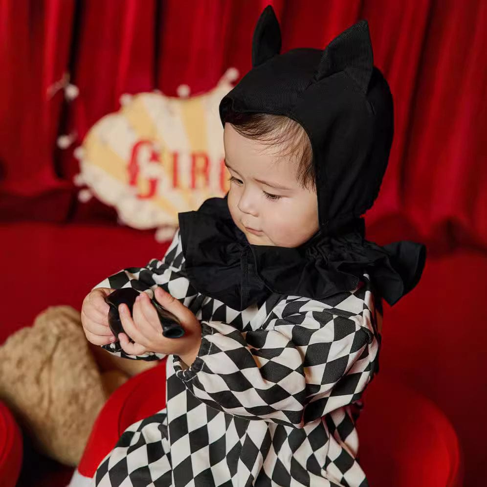 長袖ジャンプスーツ hat / 66cm ハロウィンコスチューム ダイヤチェックピエロクラウンジャンプスーツ/デビルハット【mh0010553】