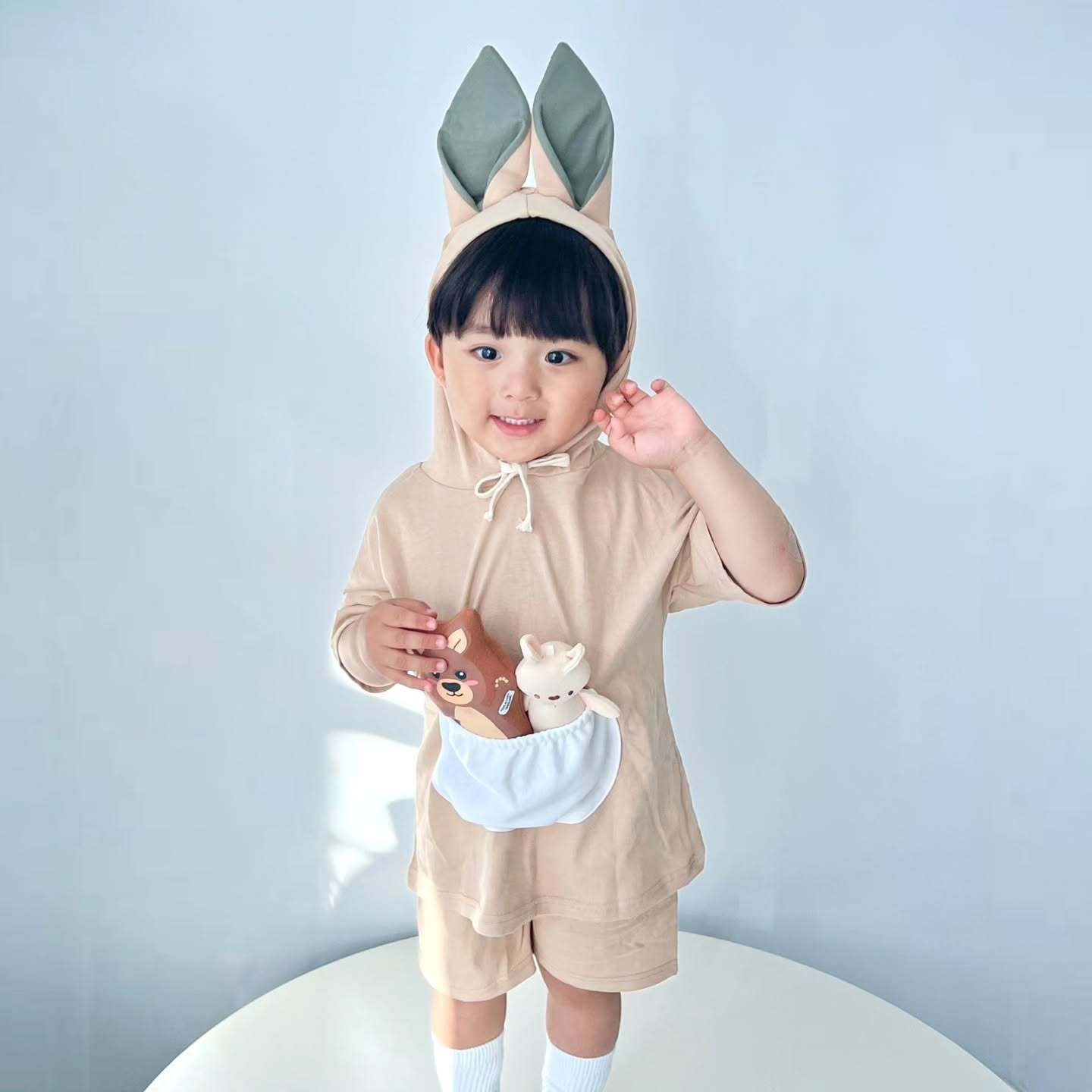 半袖セットアップ kangaroo / 73cm ベビーキッズセットアップ 2点セット カンガルーコスチューム耳付きフーディポケット半袖トップス+ショートパンツ【mh0009090】