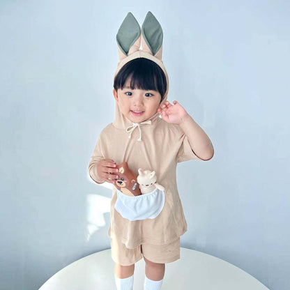 半袖セットアップ kangaroo / 73cm ベビーキッズセットアップ 2点セット カンガルーコスチューム耳付きフーディポケット半袖トップス+ショートパンツ【mh0009090】