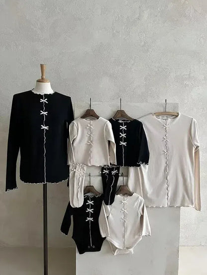 長袖ロンパース ベビーロンパース センタータックリボン長袖ボディスーツ【mh-0008711】