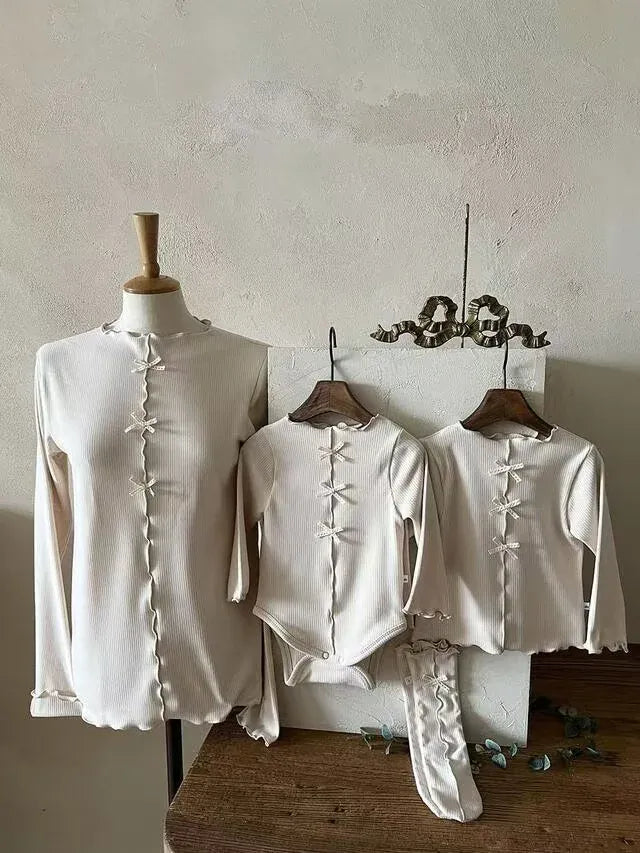 長袖ロンパース ベビーロンパース センタータックリボン長袖ボディスーツ【mh-0008711】