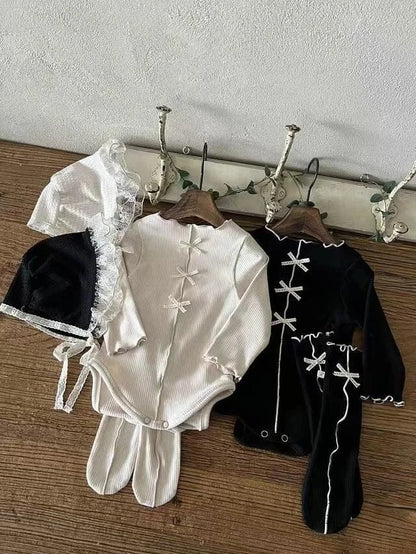 長袖ロンパース ベビーロンパース センタータックリボン長袖ボディスーツ【mh-0008711】