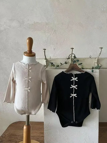 長袖ロンパース ベビーロンパース センタータックリボン長袖ボディスーツ【mh-0008711】