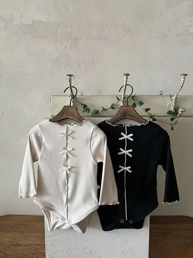 長袖ロンパース ベビーロンパース センタータックリボン長袖ボディスーツ【mh-0008711】