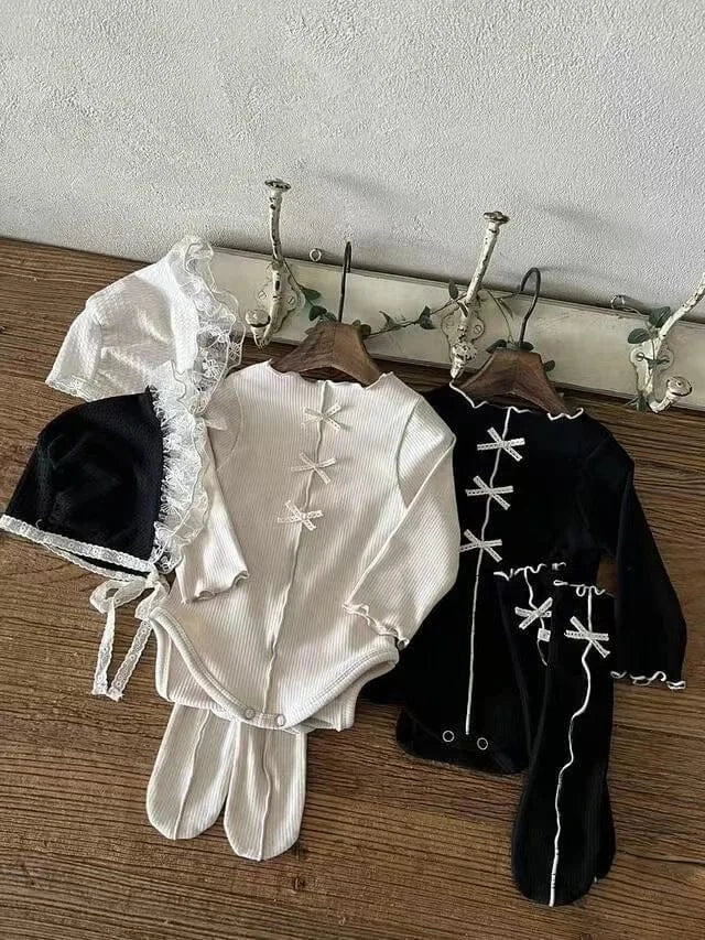 長袖ロンパース ベビーロンパース センタータックリボン長袖ボディスーツ【mh-0008711】