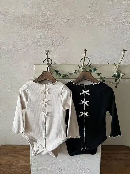 長袖ロンパース ベビーロンパース センタータックリボン長袖ボディスーツ【mh-0008711】