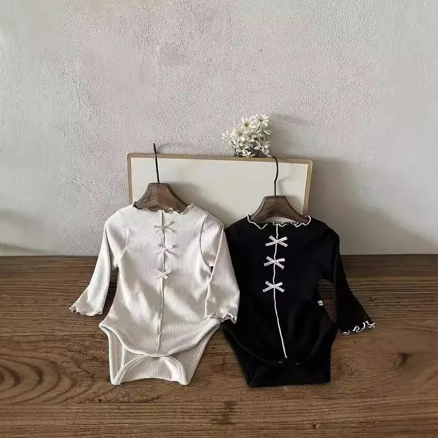 長袖ロンパース ベビーロンパース センタータックリボン長袖ボディスーツ【mh-0008711】