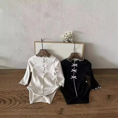 長袖ロンパース ベビーロンパース センタータックリボン長袖ボディスーツ【mh-0008711】