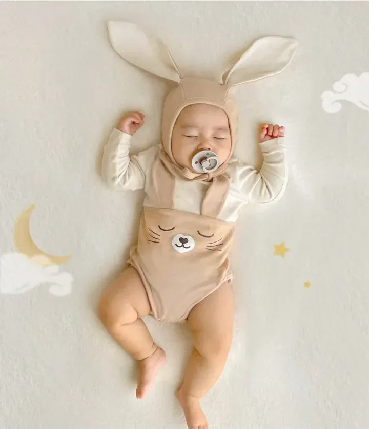 半袖ロンパース ベビー うさぎ うさ耳 バニー ドッキング 半袖 ロンパース 耳帽子 セット ピンク アプリコット ユニセックス【mh0001994】