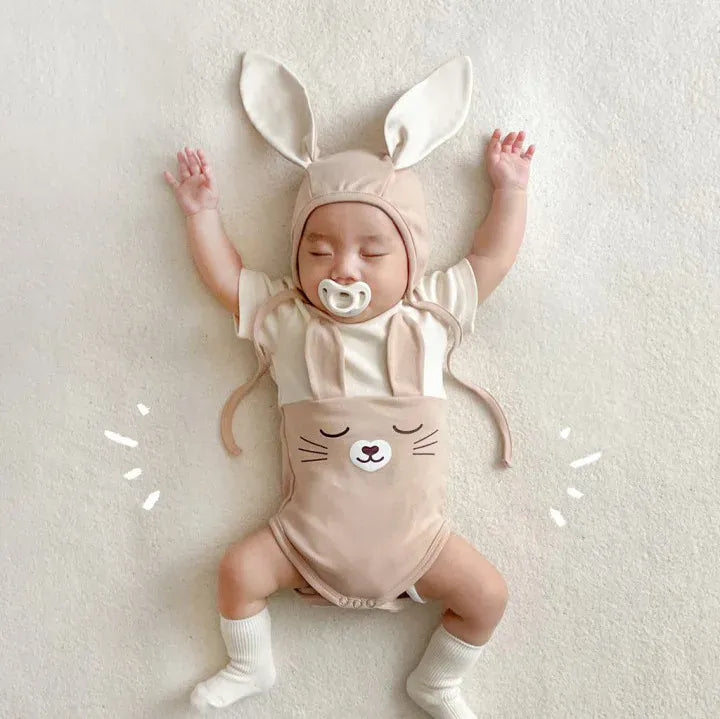 半袖ロンパース ベビー うさぎ うさ耳 バニー ドッキング 半袖 ロンパース 耳帽子 セット ピンク アプリコット ユニセックス【mh0001994】