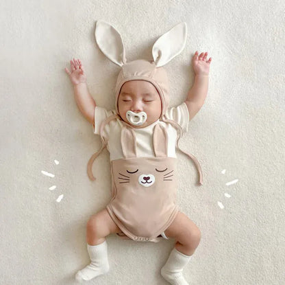 半袖ロンパース ベビー うさぎ うさ耳 バニー ドッキング 半袖 ロンパース 耳帽子 セット ピンク アプリコット ユニセックス【mh0001994】