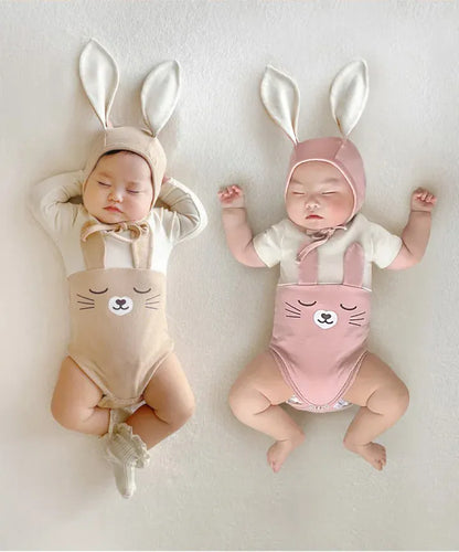 半袖ロンパース ベビー うさぎ うさ耳 バニー ドッキング 半袖 ロンパース 耳帽子 セット ピンク アプリコット ユニセックス【mh0001994】