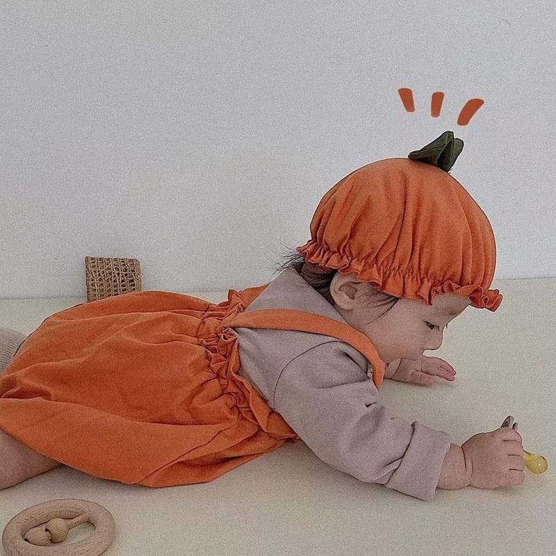 ノースリーブロンパース ベビー ハロウィーン ハロウィン パンプキン コスチューム サスペンダー ロンパース 帽子 セット ユニセックス【mh0002385】