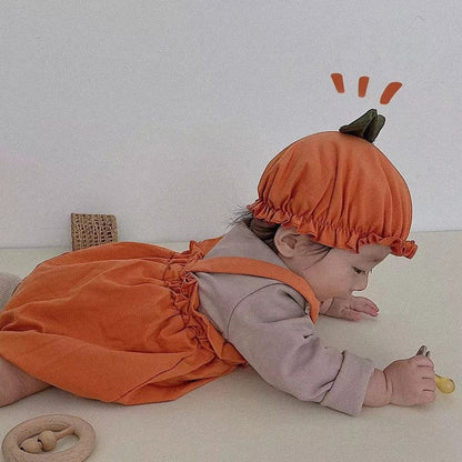 ノースリーブロンパース ベビー ハロウィーン ハロウィン パンプキン コスチューム サスペンダー ロンパース 帽子 セット ユニセックス【mh0002385】
