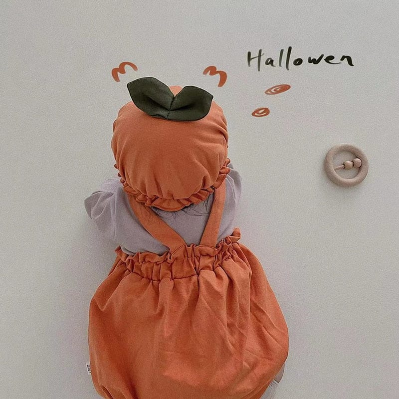 ノースリーブロンパース ベビー ハロウィーン ハロウィン パンプキン コスチューム サスペンダー ロンパース 帽子 セット ユニセックス【mh0002385】