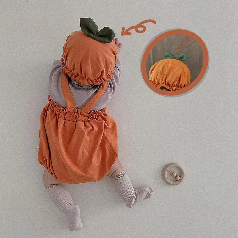 ノースリーブロンパース ベビー ハロウィーン ハロウィン パンプキン コスチューム サスペンダー ロンパース 帽子 セット ユニセックス【mh0002385】