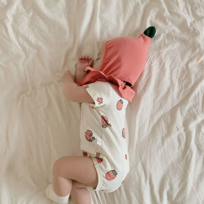 半袖ロンパース ベビーロンパース いちご 苺 ストロベリーコスチューム 半袖ボディスーツ  ボンネット帽子セット【mh0005075】