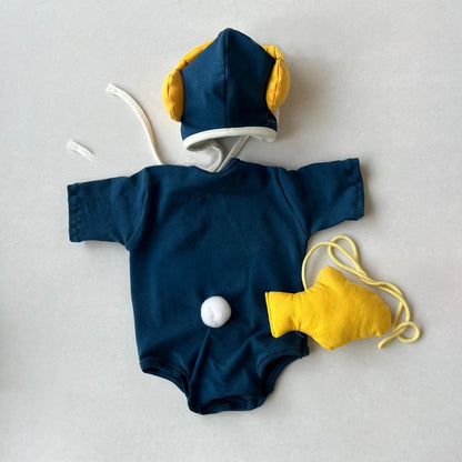 半袖ロンパース ベビーロンパース ペンギンコスチューム半袖ボディスーツ+帽子+お魚ポシェットセット【mh0009087】