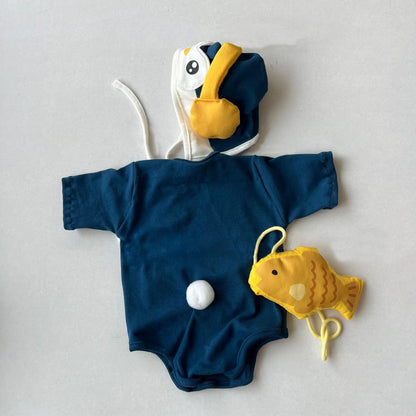 半袖ロンパース ベビーロンパース ペンギンコスチューム半袖ボディスーツ+帽子+お魚ポシェットセット【mh0009087】