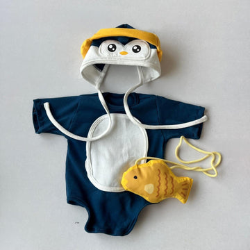 半袖ロンパース ベビーロンパース ペンギンコスチューム半袖ボディスーツ+帽子+お魚ポシェットセット【mh0009087】