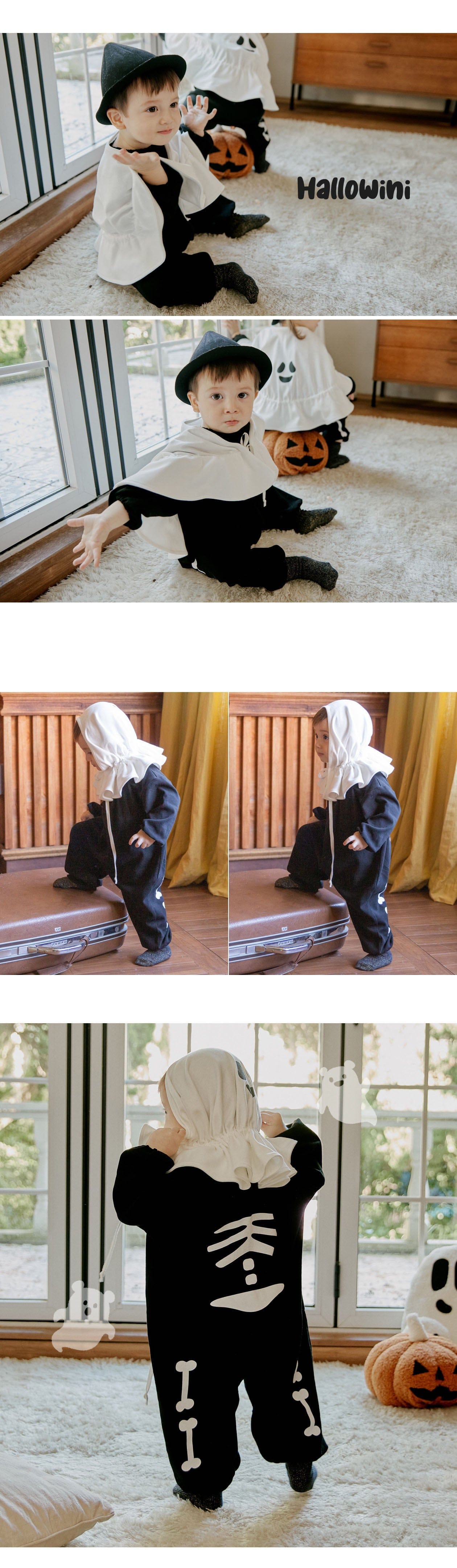 長袖ジャンプスーツ ハロウィンコスチューム スケルトン骸骨ジャンプスーツ/おばけフード帽子【mh0010542】