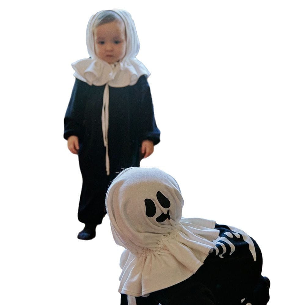 長袖ジャンプスーツ ハロウィンコスチューム スケルトン骸骨ジャンプスーツ/おばけフード帽子【mh0010542】