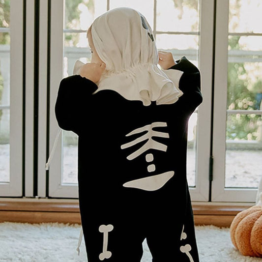 長袖ジャンプスーツ ハロウィンコスチューム スケルトン骸骨ジャンプスーツ/おばけフード帽子【mh0010542】