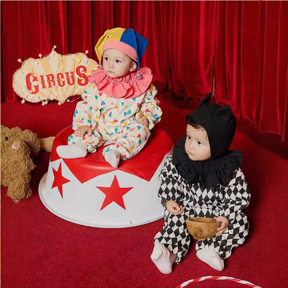 長袖ジャンプスーツ ハロウィンコスチューム カラフルハートピエロクラウン長袖ジャンプスーツ/ピエロハット【mh0010550】