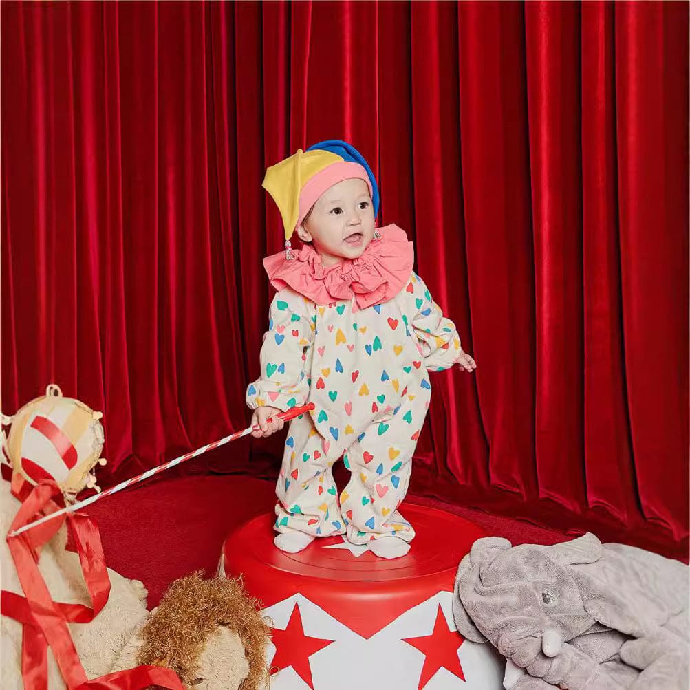 長袖ジャンプスーツ ハロウィンコスチューム カラフルハートピエロクラウン長袖ジャンプスーツ/ピエロハット【mh0010550】