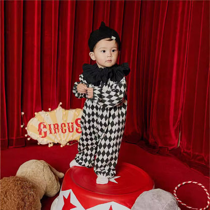 長袖ジャンプスーツ ハロウィンコスチューム ダイヤチェックピエロクラウンジャンプスーツ/デビルハット【mh0010553】
