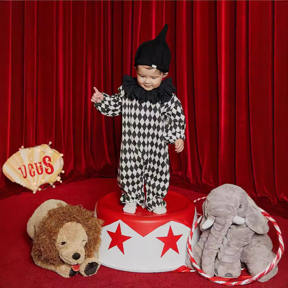 長袖ジャンプスーツ ハロウィンコスチューム ダイヤチェックピエロクラウンジャンプスーツ/デビルハット【mh0010553】