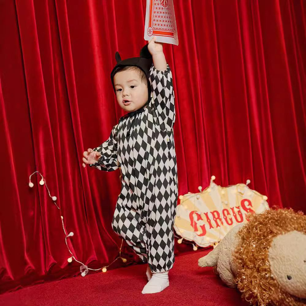 長袖ジャンプスーツ ハロウィンコスチューム ダイヤチェックピエロクラウンジャンプスーツ/デビルハット【mh0010553】