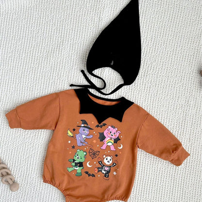 長袖ロンパース ハロウィンコスチューム ベアくまプリントパンプキンロンパース帽子セット【mh0010554】
