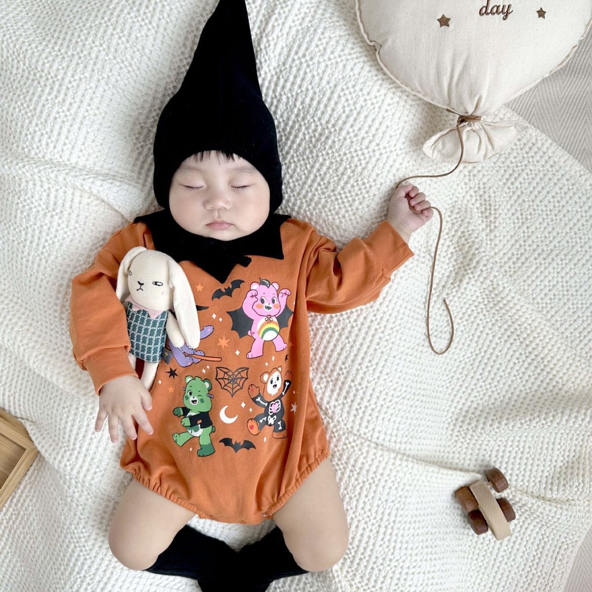 長袖ロンパース ハロウィンコスチューム ベアくまプリントパンプキンロンパース帽子セット【mh0010554】