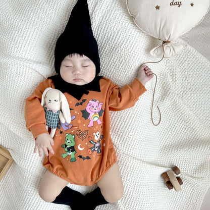 長袖ロンパース ハロウィンコスチューム ベアくまプリントパンプキンロンパース帽子セット【mh0010554】