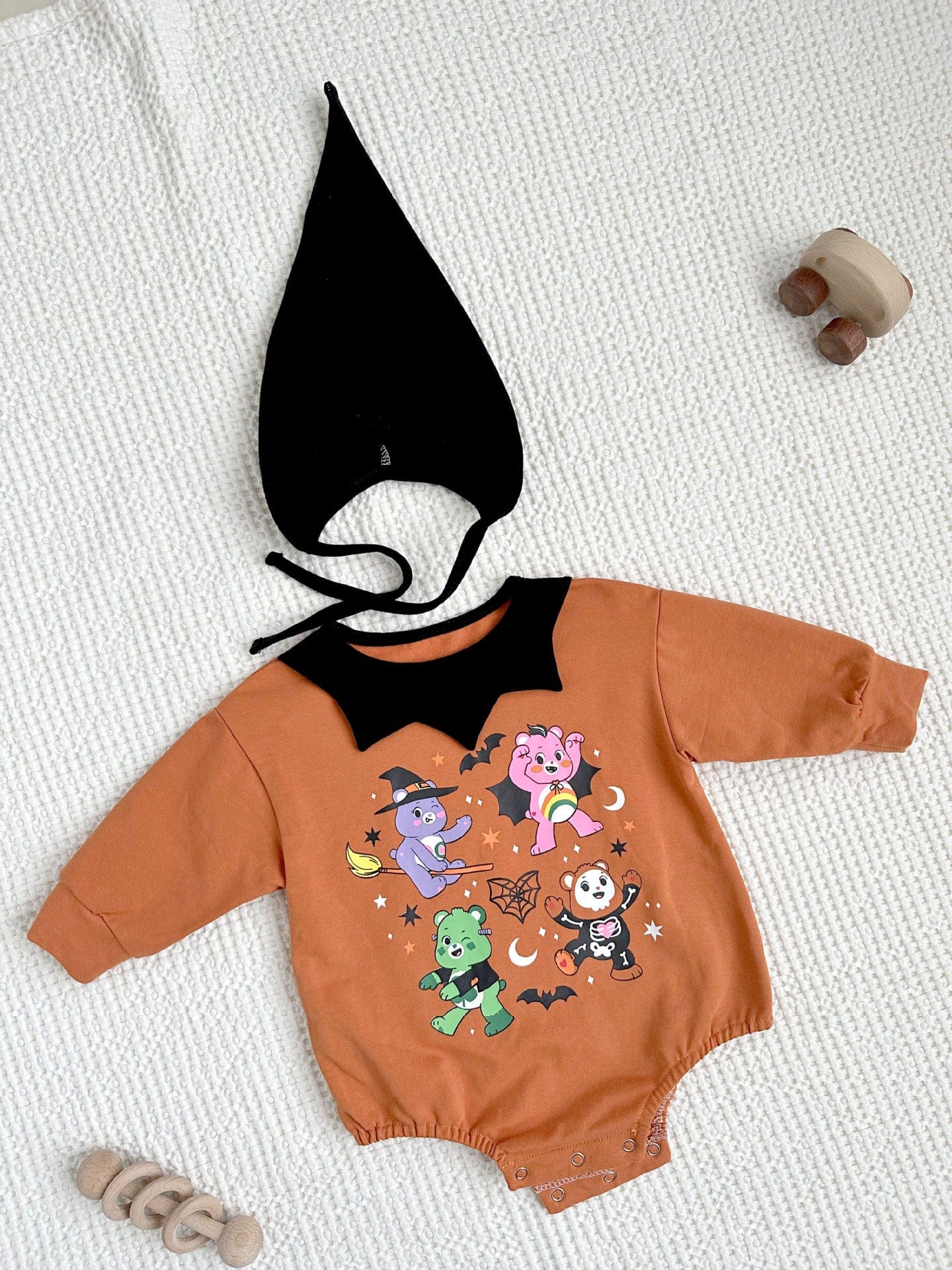 長袖ロンパース ハロウィンコスチューム ベアくまプリントパンプキンロンパース帽子セット【mh0010554】