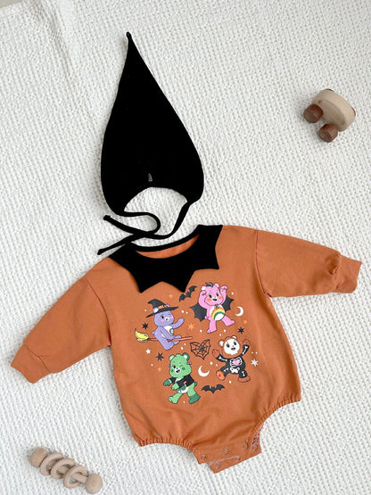 長袖ロンパース ハロウィンコスチューム ベアくまプリントパンプキンロンパース帽子セット【mh0010554】