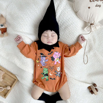 長袖ロンパース ハロウィンコスチューム ベアくまプリントパンプキンロンパース帽子セット【mh0010554】