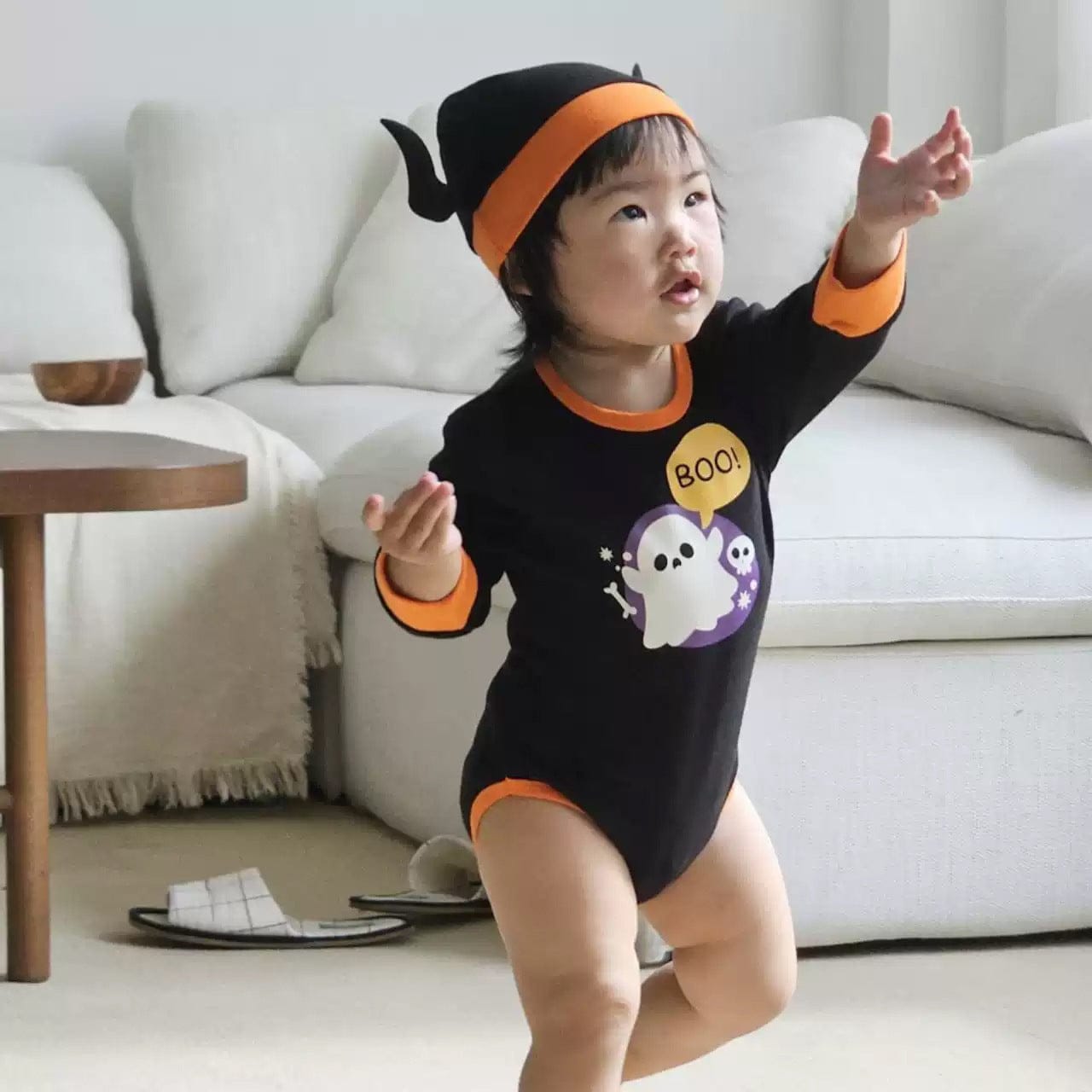 長袖ロンパース ハロウィンコスチューム🎃👻 おばけ長袖ロンパース+帽子セット【mh0010557】