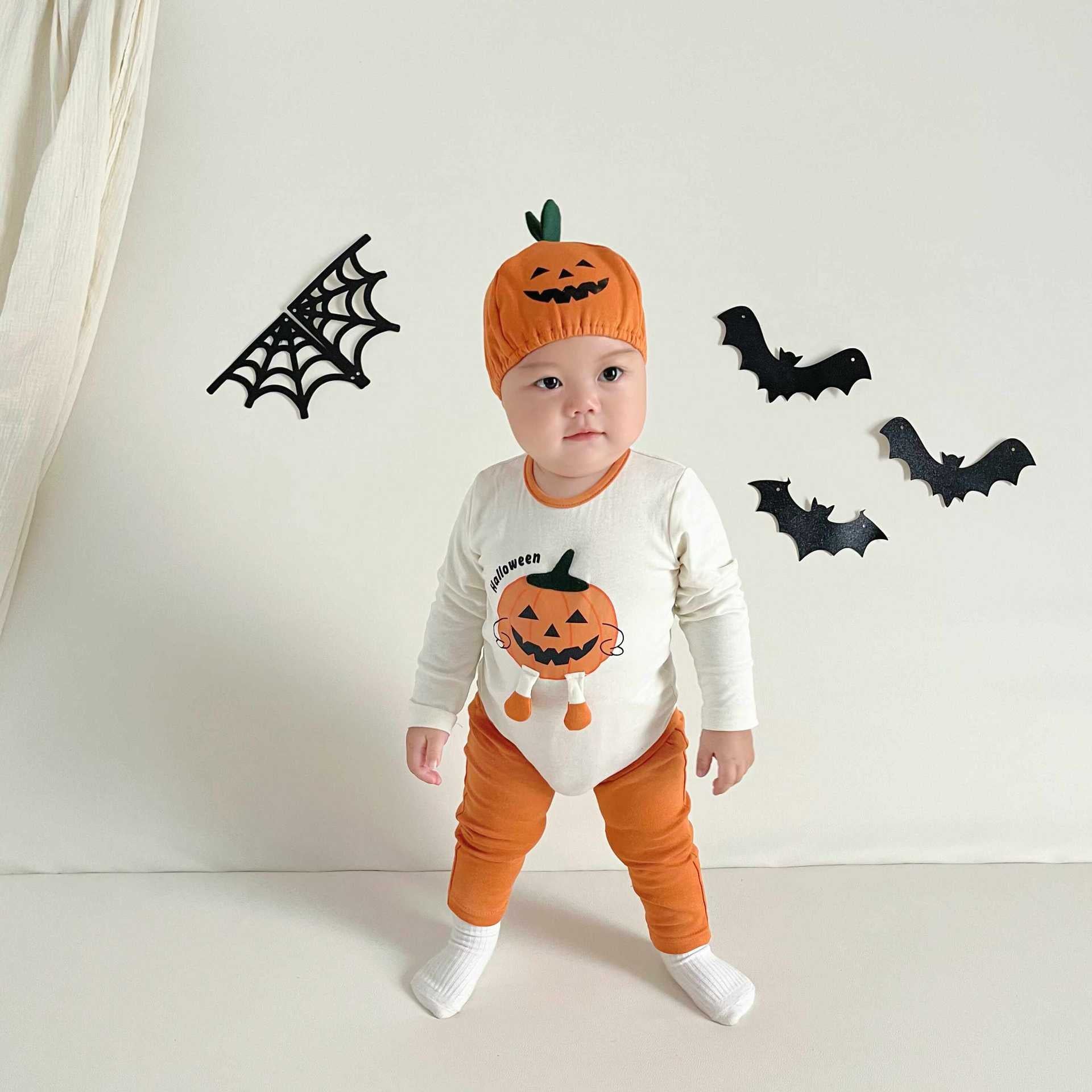 長袖ロンパース ハロウィンコスチューム🎃👻 長袖パンプキンロンパース+帽子セット/レギンスパンツ【mh0010559】