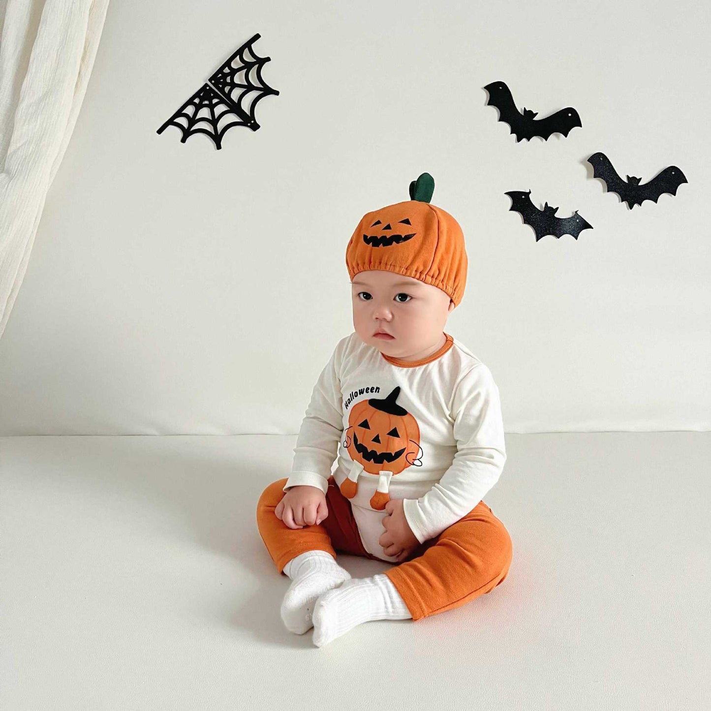 長袖ロンパース ハロウィンコスチューム🎃👻 長袖パンプキンロンパース+帽子セット/レギンスパンツ【mh0010559】