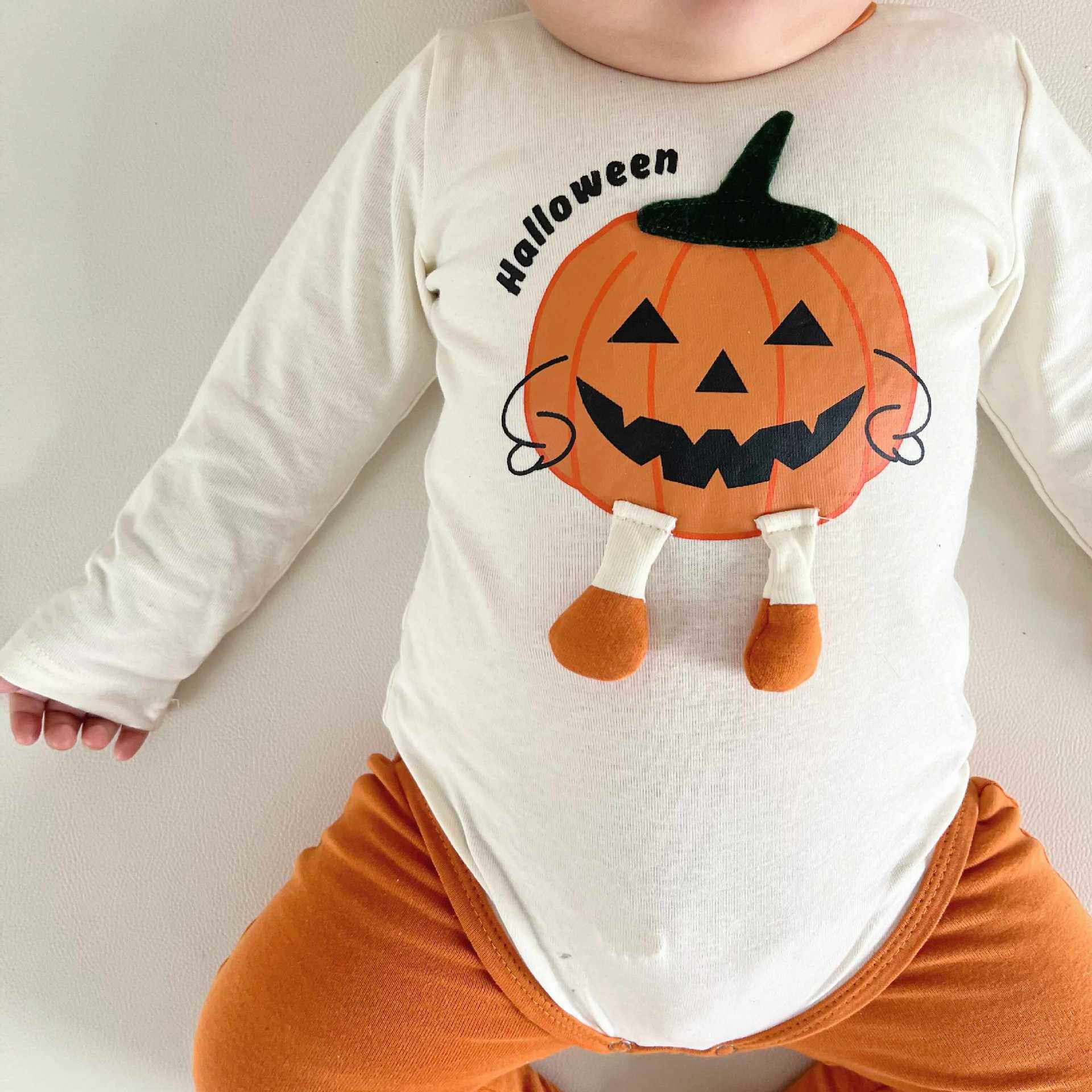 長袖ロンパース ハロウィンコスチューム🎃👻 長袖パンプキンロンパース+帽子セット/レギンスパンツ【mh0010559】