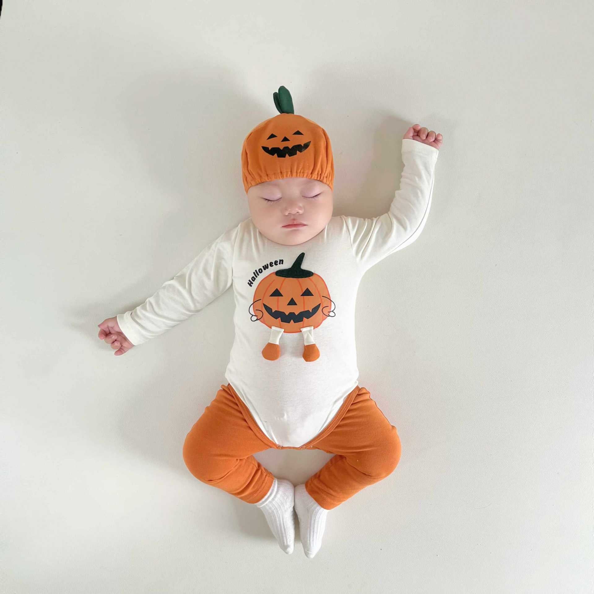 長袖ロンパース ハロウィンコスチューム🎃👻 長袖パンプキンロンパース+帽子セット/レギンスパンツ【mh0010559】