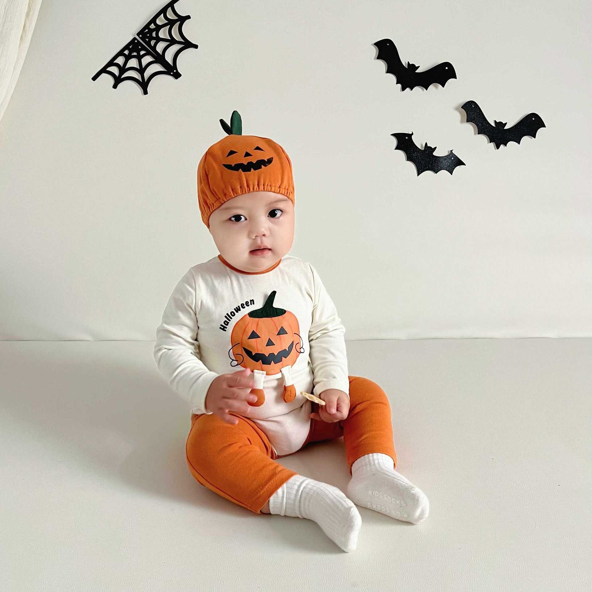 長袖ロンパース ハロウィンコスチューム🎃👻 長袖パンプキンロンパース+帽子セット/レギンスパンツ【mh0010559】