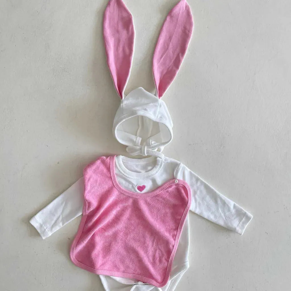 長袖ロンパース ハートアクセント長袖ロンパース+うさ耳ボンネット帽子セット【mh0011198】