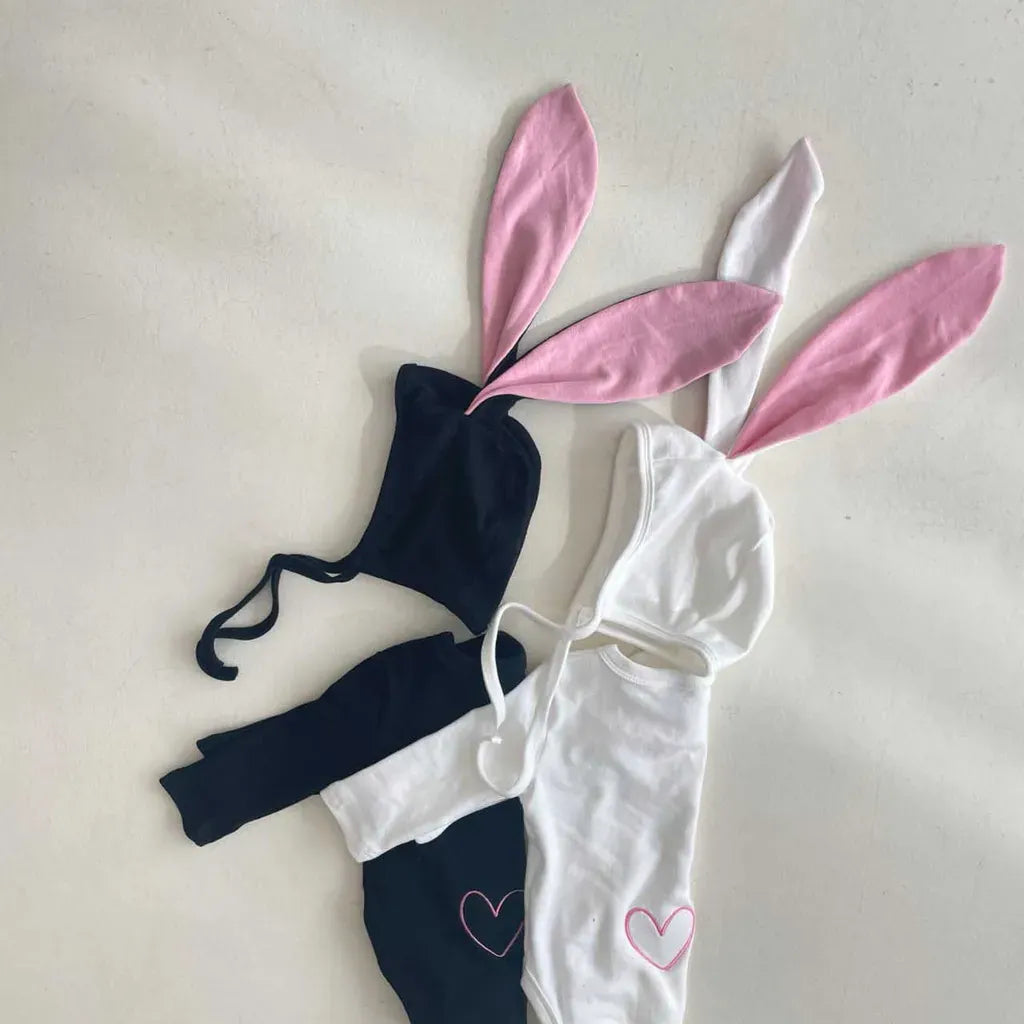 長袖ロンパース ハートアクセント長袖ロンパース+うさ耳ボンネット帽子セット【mh0011198】
