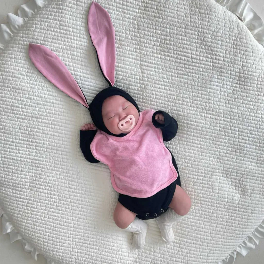 長袖ロンパース ハートアクセント長袖ロンパース+うさ耳ボンネット帽子セット【mh0011198】